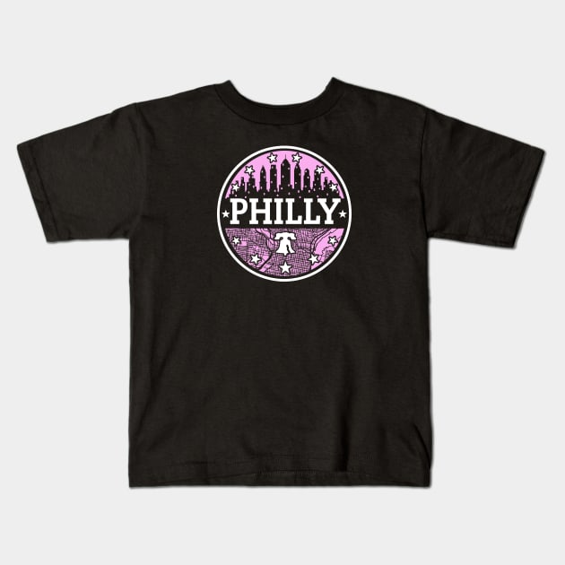 Pink White Philly Fan Philadelphia Skyline Liberty Bell Kids T-Shirt by TeeCreations